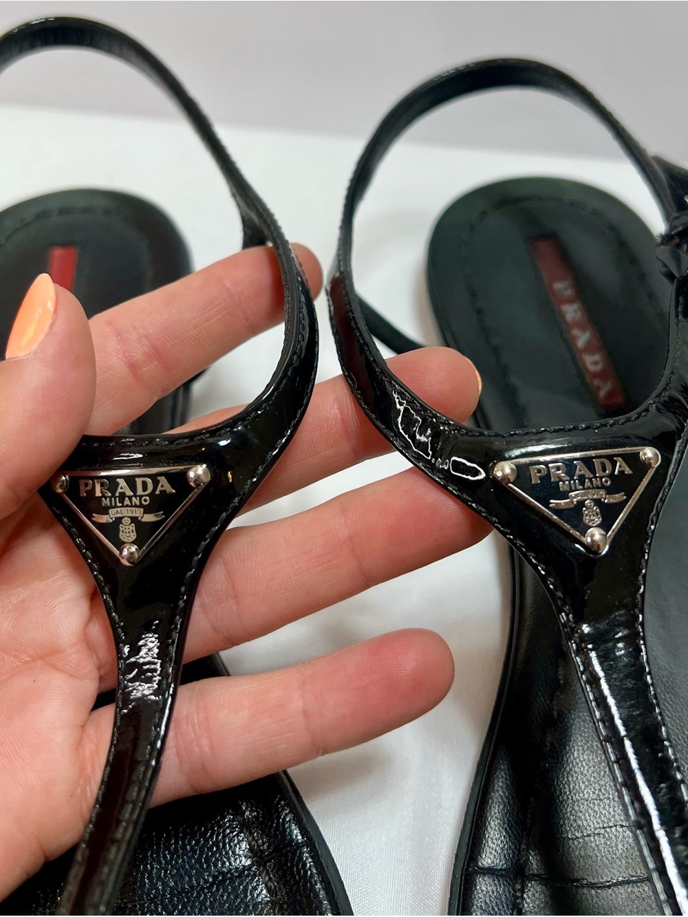 Prada Black Patent T-Strap Slingback Sandals - Picture 4 of 8